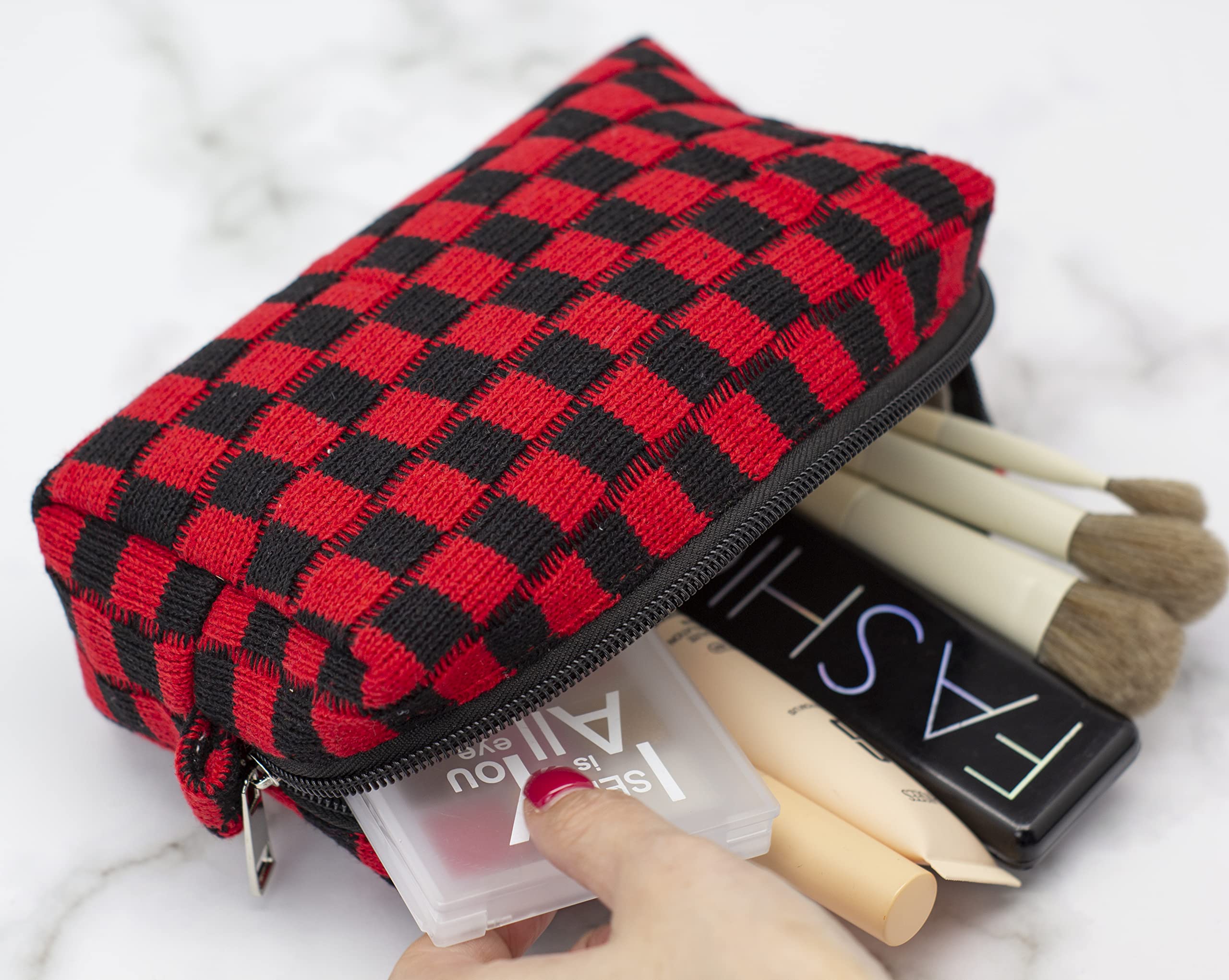 PAZIMIIK Checkered Makeup Bag for Purse Portable Zipper Make Up Pouch Small Cosmetic Case for Travel Accessories (Red Black)