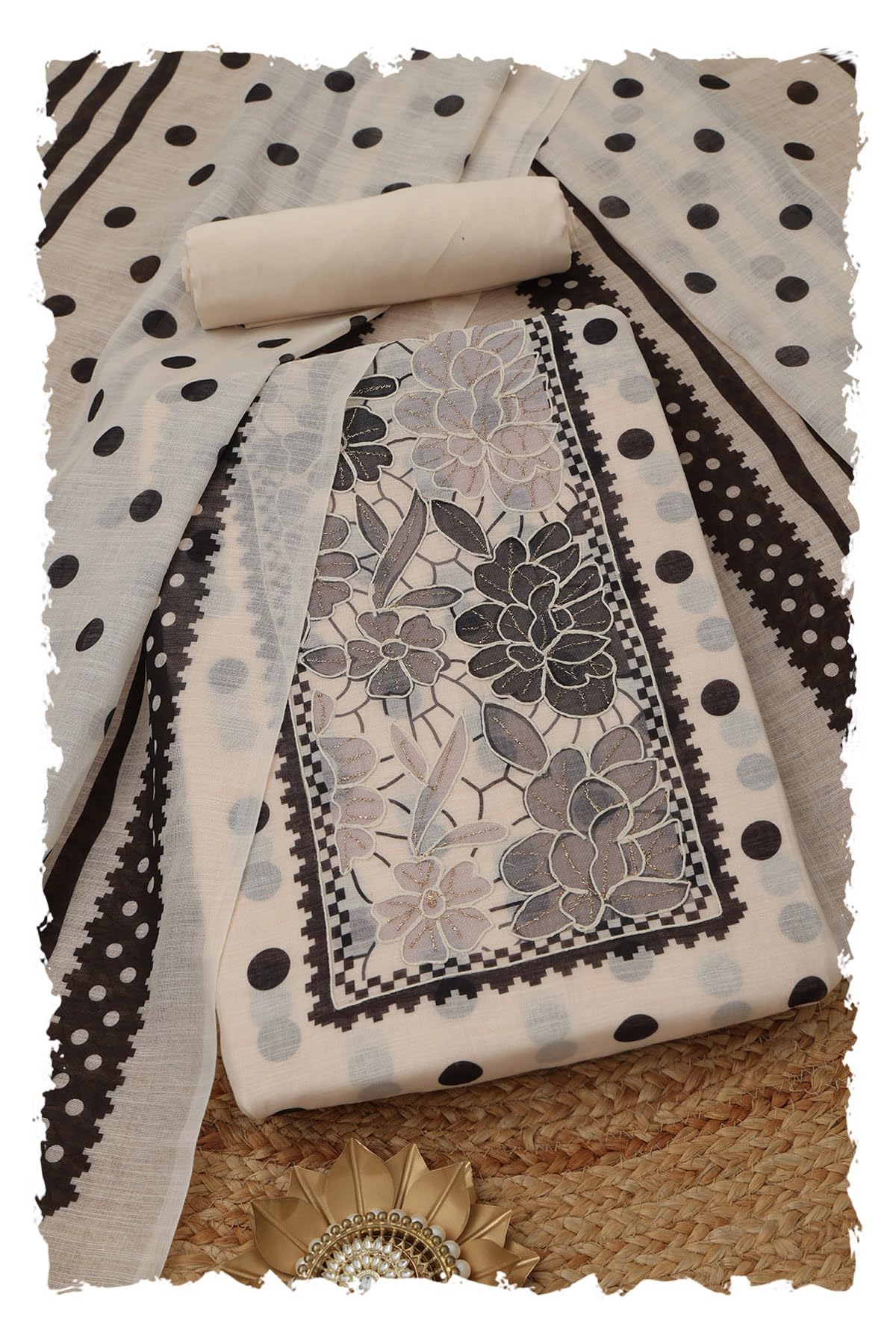 Soch Women Linen Polka Dots Printed Dress Material with Zari Embroidery