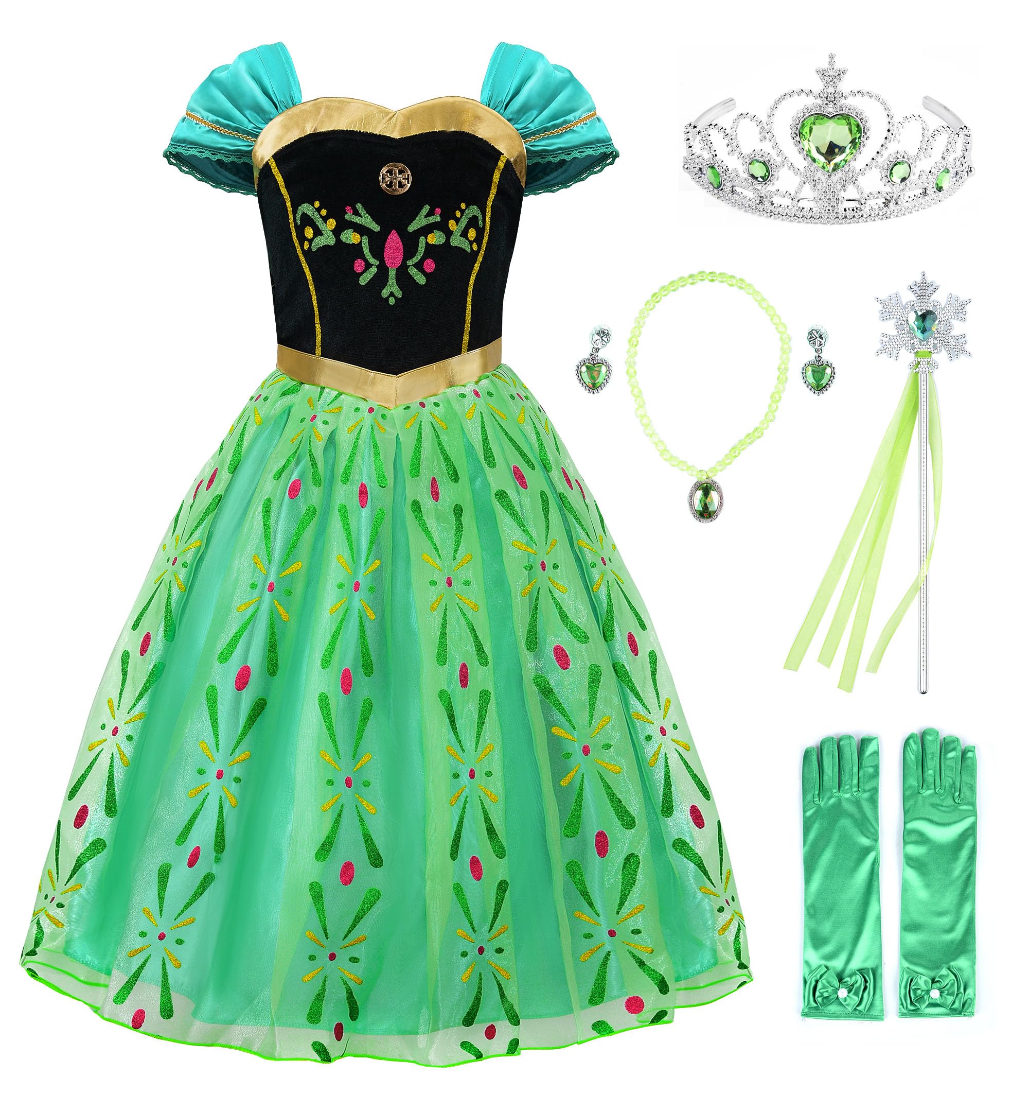 JerrisApparel Girls Princess Costume Snow Party Halloween Cosplay Fancy Dress (8-9, Green with Accessories)