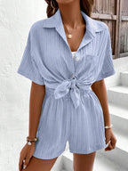 Shasmi Women & Girls Sky Blue Solid Color Button Front Vacation Solid Texture Short Sleeve Loose Fit Drop Shoulder Pocket Shirt