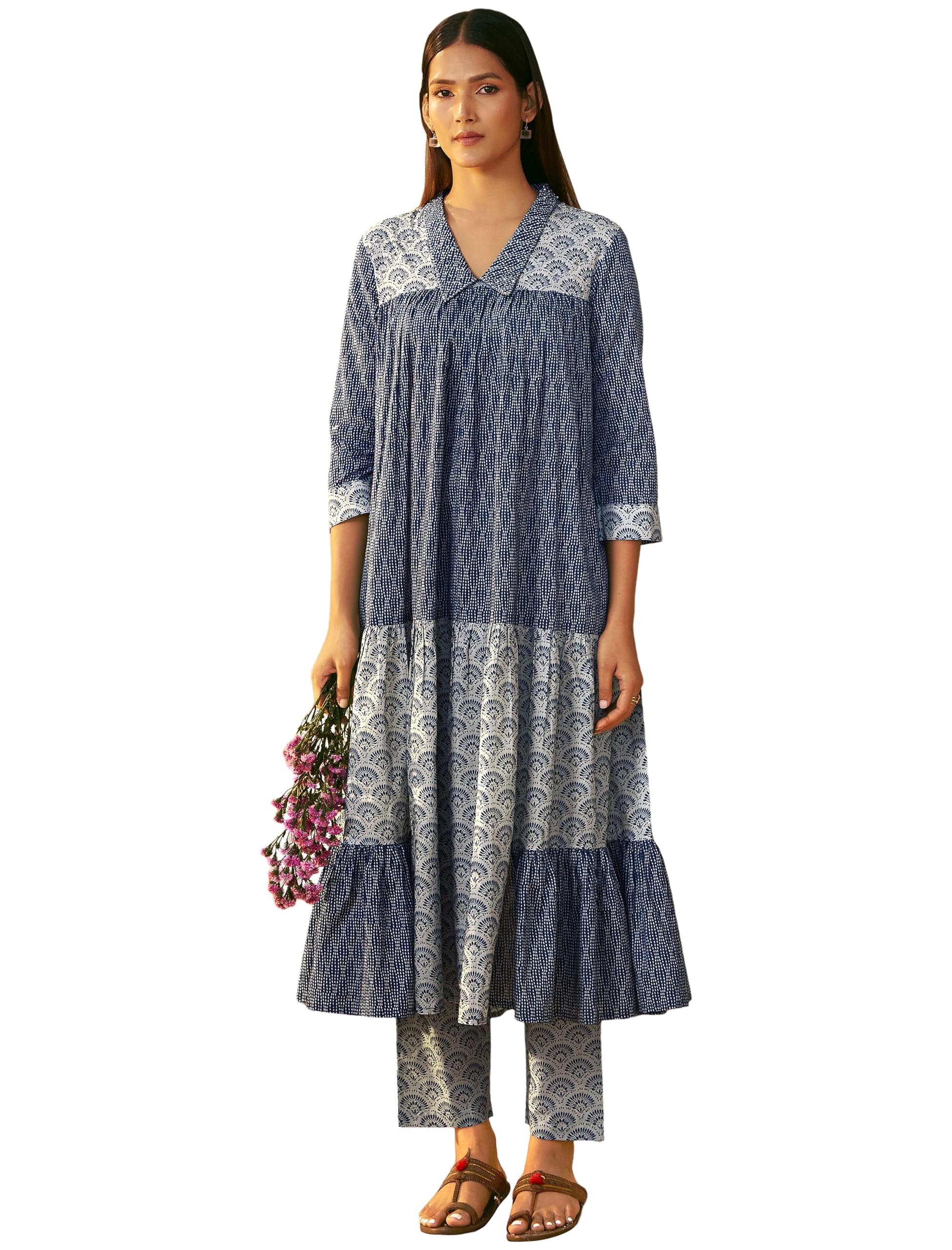 Pinkmint Ethnic Indigo Pure Cotton Tiered Kurta Set with Comfortable Pure Cotton Straight Pants l Regular Wear l Outdoor Wear