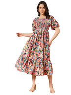Kzully | Colorful Floral Print Midi Dress | Smocking And Elastic Comfort | Stylish Woman Wearing A Pretty Printed Flower | Trend
