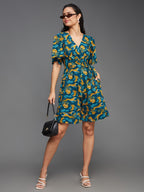 Miss Chase WomenS V-Neck Half Sleeve Animal Patterned Wrap Styled Pure Cotton Knee Long Playsuit With Pockets (Mcss24D19-12-306