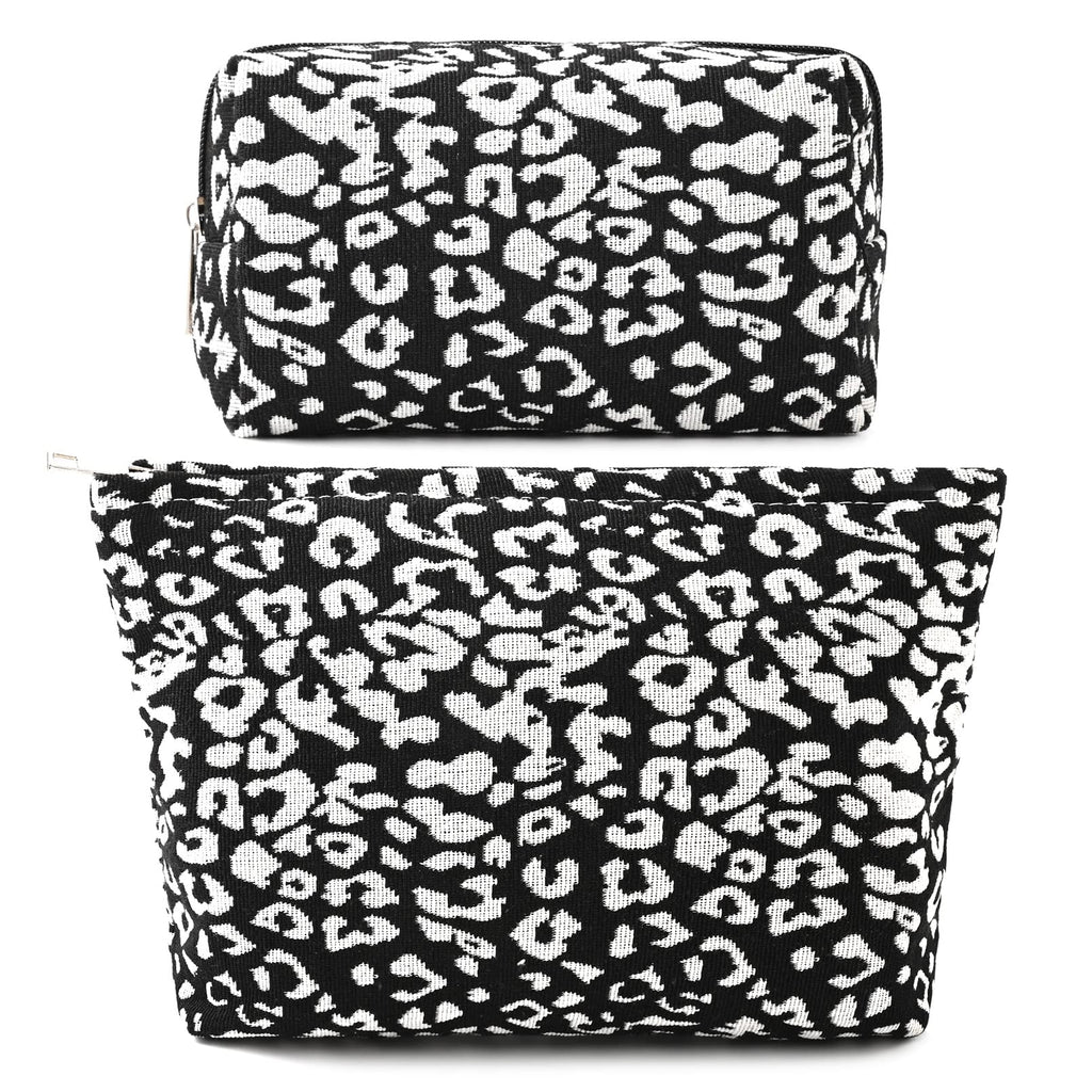 SOIDRAM 2 Pieces Leopard Print Makeup Bag Large Cosmetic Bag Capacity Canvas Mix Travel Toiletry Bag Organizer Cute Makeup Brush