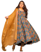 ANNI DESIGNER Womens Rayon Blend Bagru Printed Anarkali Kurta with Pant & Dupatta (Locket-Multi_XXL_Mustard_XX-Large)