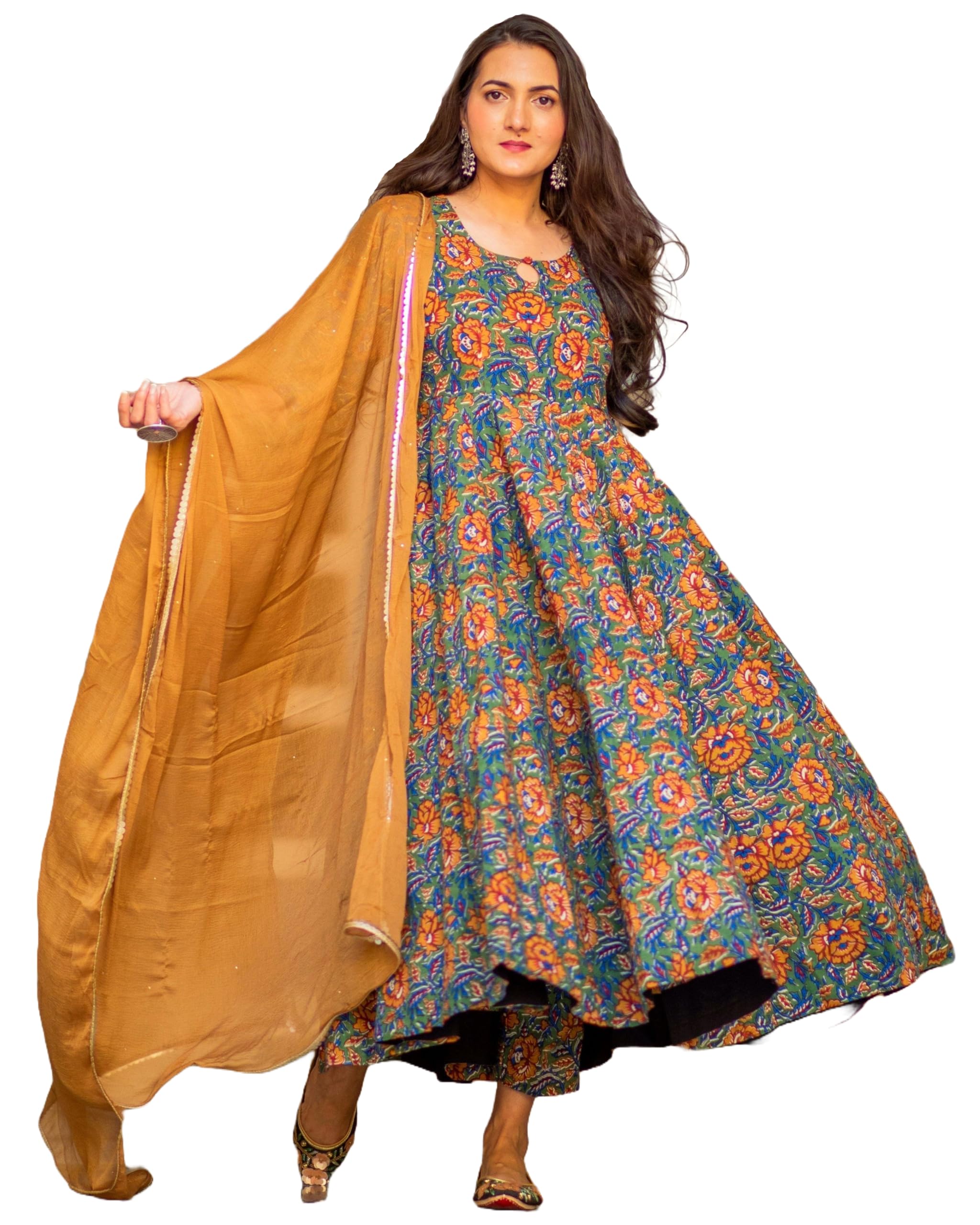 ANNI DESIGNER Womens Rayon Blend Bagru Printed Anarkali Kurta with Pant & Dupatta (Locket-Multi_XXL_Mustard_XX-Large)