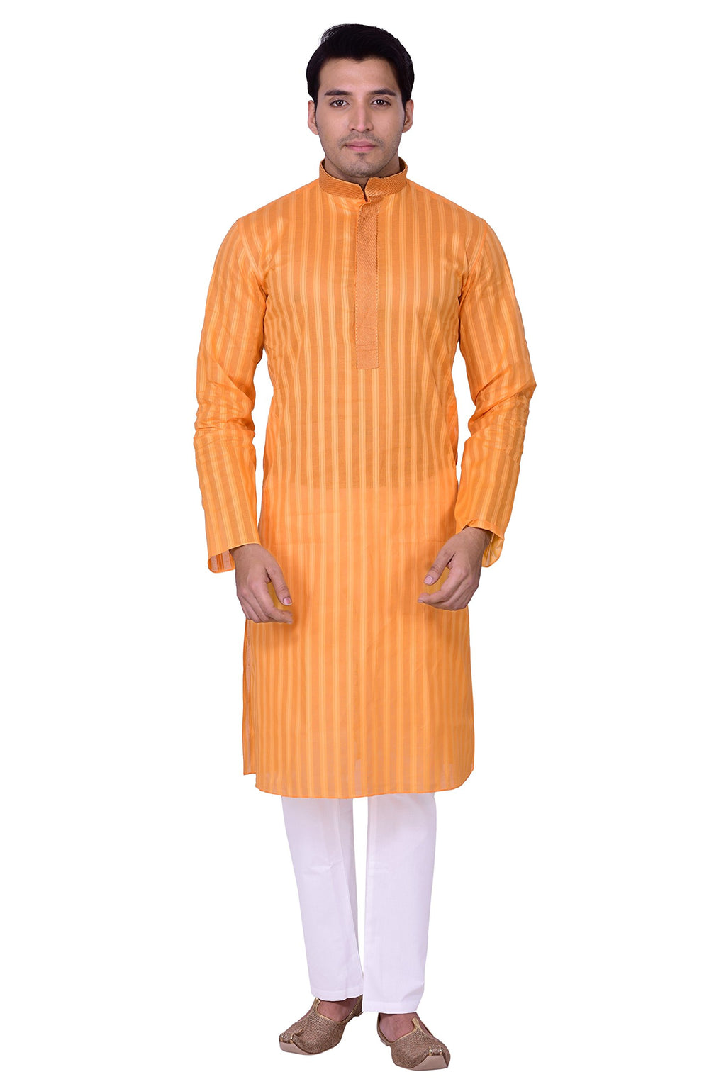 Manyavar MenS Blended Kurta & Pyjama Set, Orangish Yellow - Small (M302154-328)