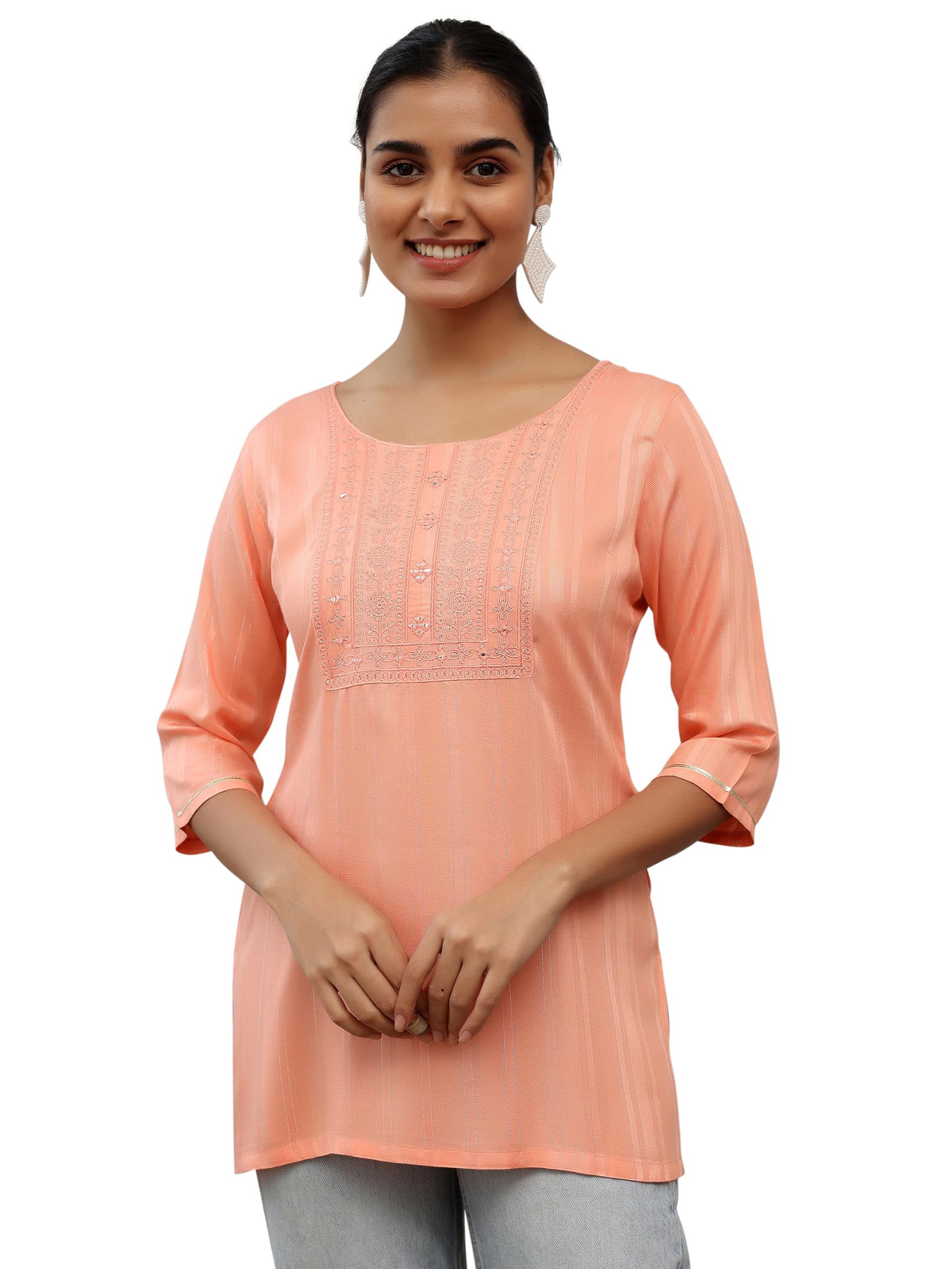 Libas Womens Woven Design Viscose Straight Kurti For Women Peach