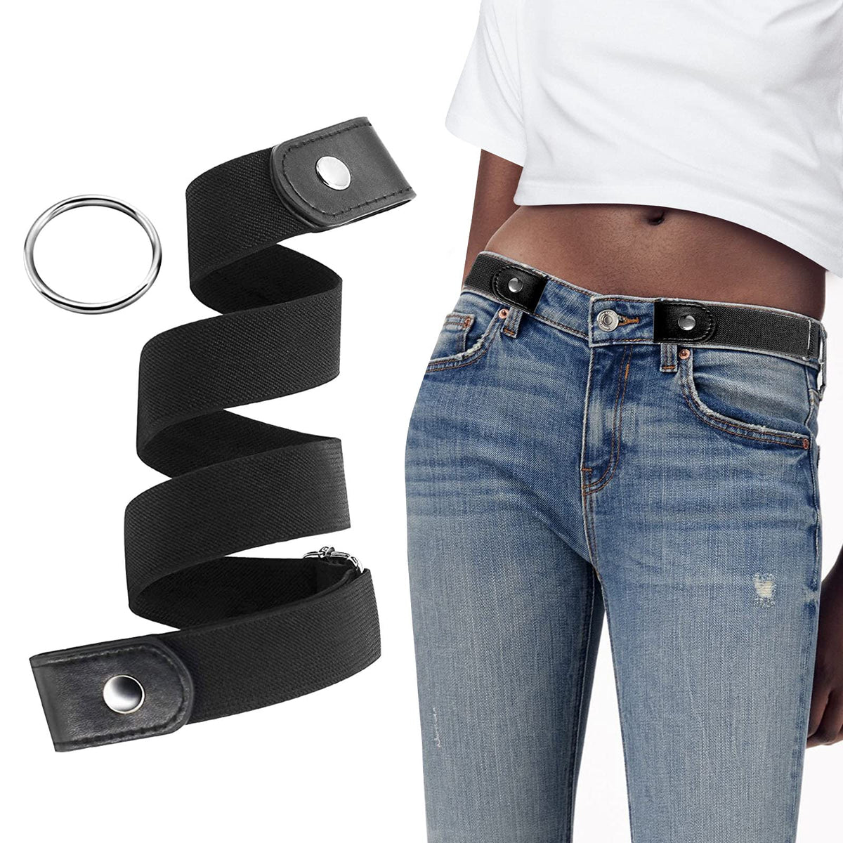 Yunduojia Buckle Free Belt For Women Men, Black Elastic Waist Adjustable Stretchy Invisible Buckleless Belt For Jeans Pants Shor 18-39