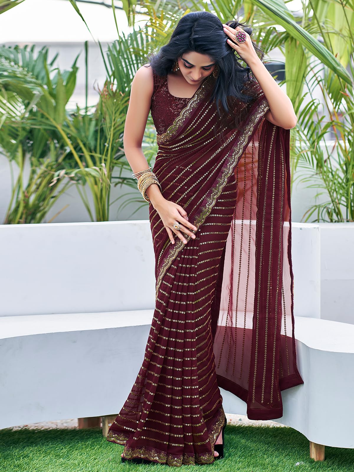 Satrani Womens Georgette Sequence Work Saree with Unstitched Blouse Piece