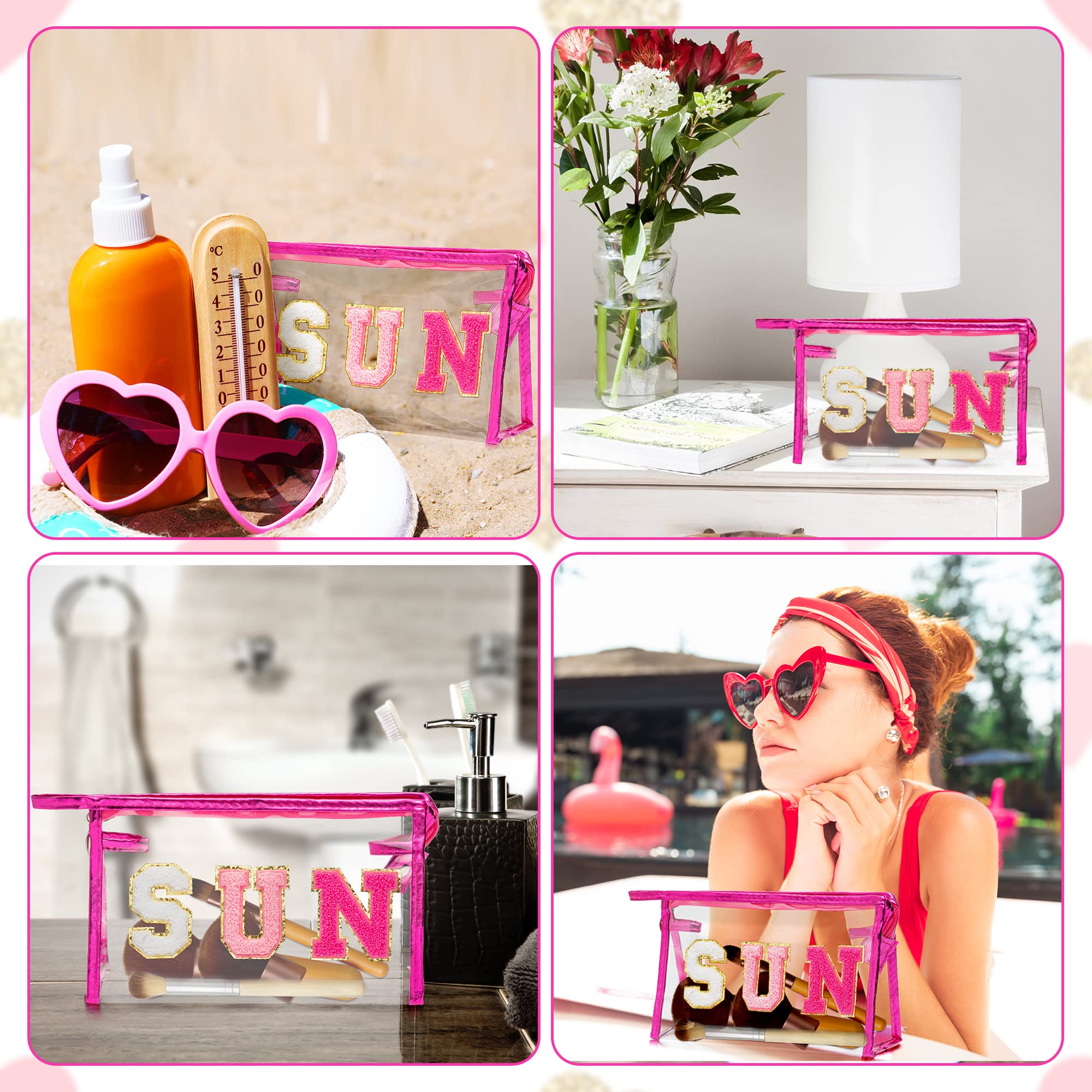 Y1tvei Preppy Patch SUN Varsity Letter Cosmetic Toiletry Bag Transparent PVC Zipper Makeup Bag Clutch Purse Portable Waterproof