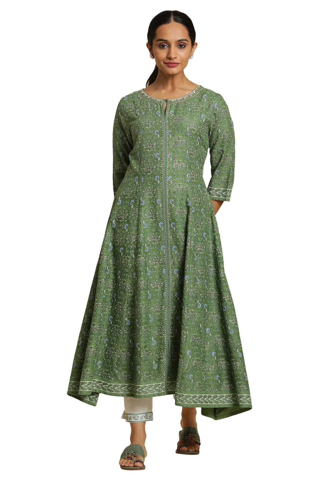 W For Woman Forest Green Printed Panelled Kurta_24Auw19716-120971_M