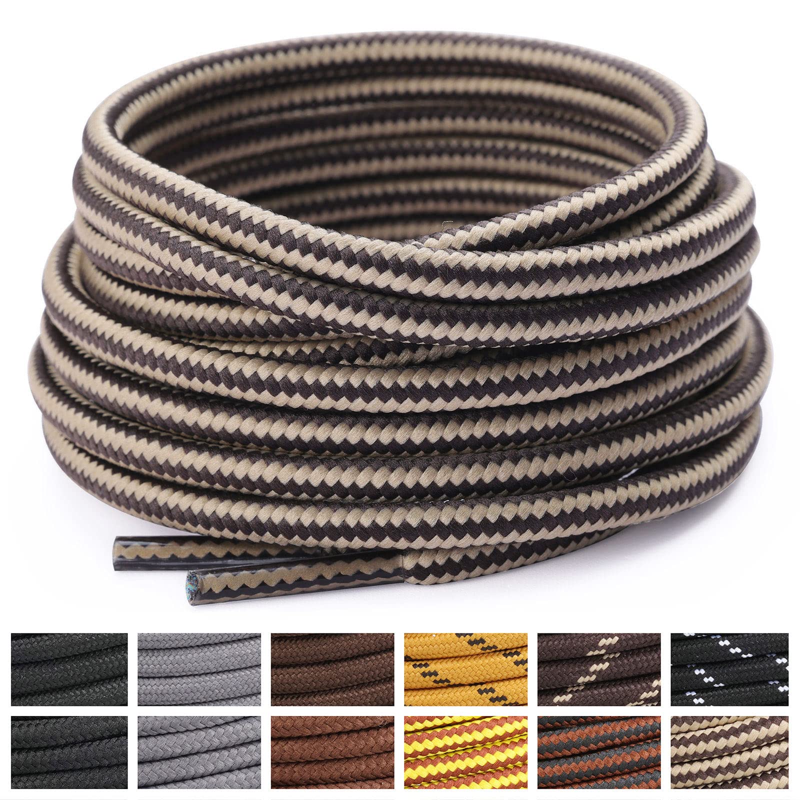 Stepace Round Shoelaces [2 Pairs] Heavy Duty Boot Shoe Laces for Hiking Work Boots Khaki Brown-120(Stripe)