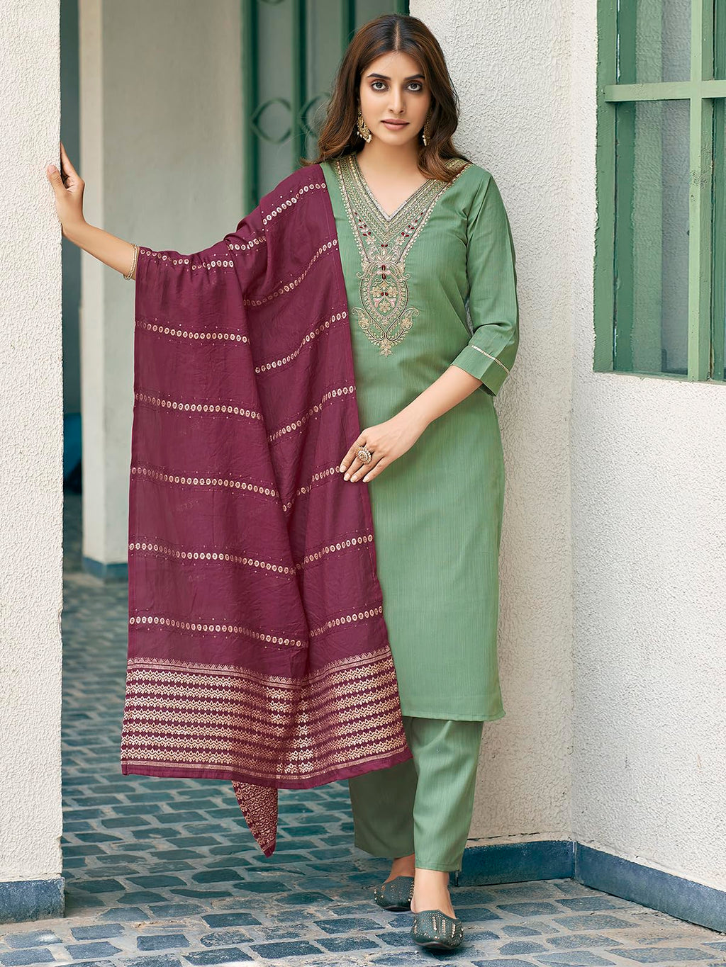 Sanisa Womens Cotton Blend Sequence Embroidery Work Straight Kurta with Pant and Dupatta Set| Ethnic Set | Suit Set | Kurta Set