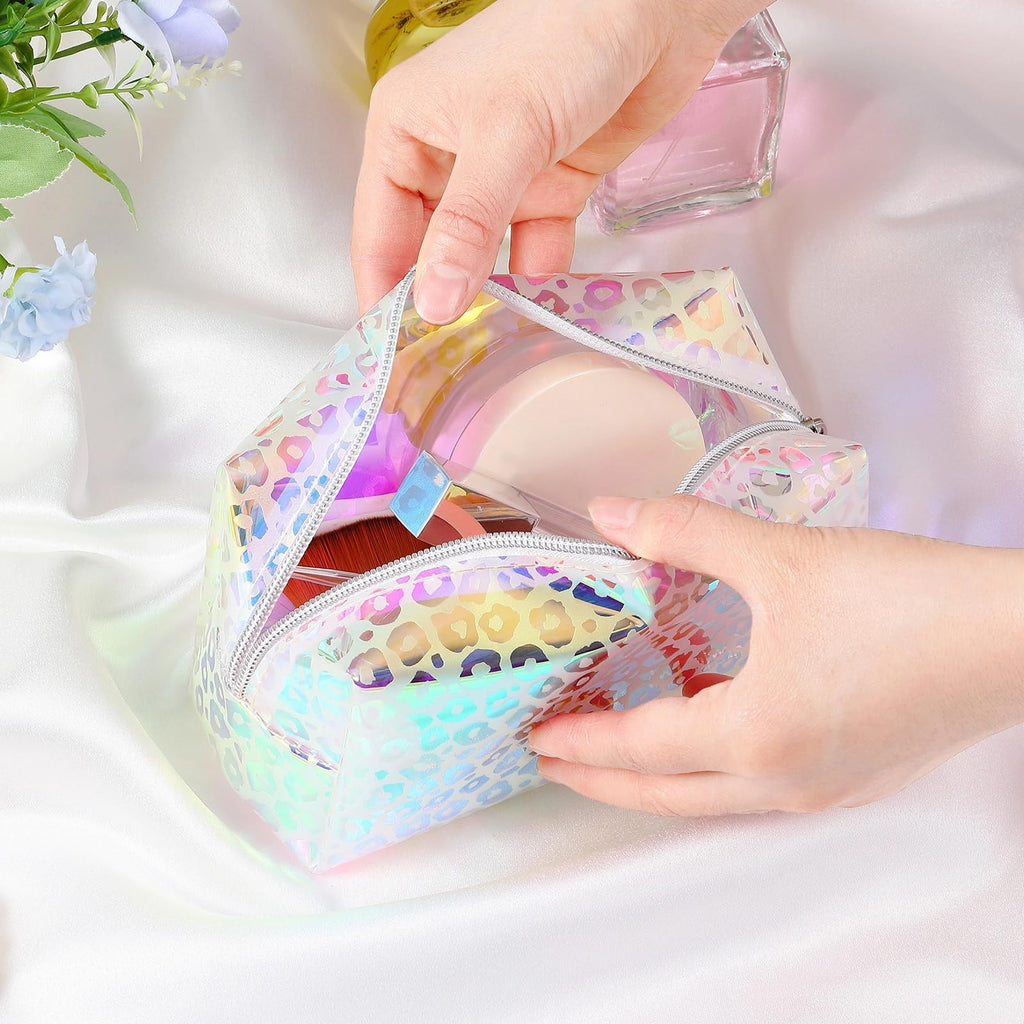 Boao 2 Pieces Clear Iridescent Holographic Makeup Bag Cosmetic Toiletry Bag Pouch Waterproof Portable Skinny Glitter Pencil Case