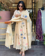 Toochki Womens Muslin Anarkali Embroidered with Printed Kurta with Palazzo and Dupatta Beige