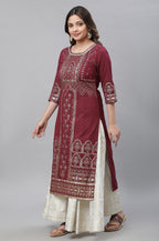 Aurelia Maroon Geometric Printed Printed Lace Cotton Regular Kurta for Women