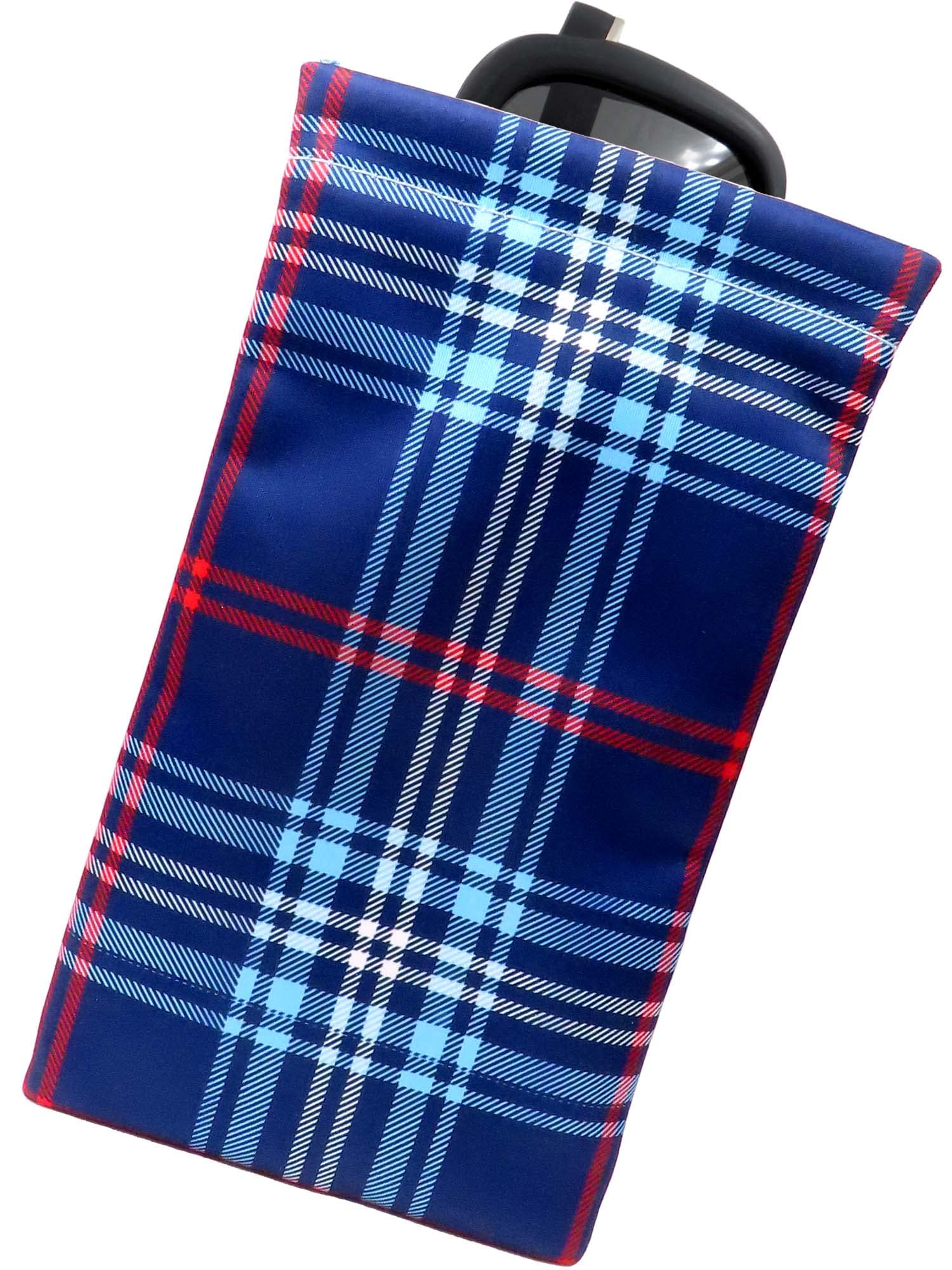 MyEyeglassCase Soft Sunglasses Case - Large Glasses Holder in Microfiber Plaid Print - XL Squeeze Top Eyeglass Pouch with Cloth 