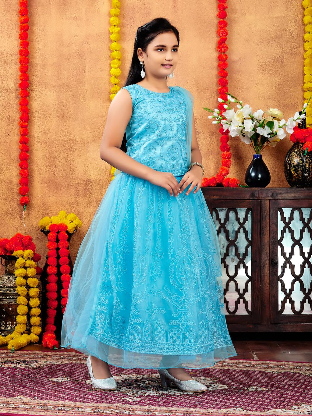 Aarika Girls Ethnic Wear Turquoise Colour Thread Embroidery Net Lehenga Choli Set (4-10 Years)