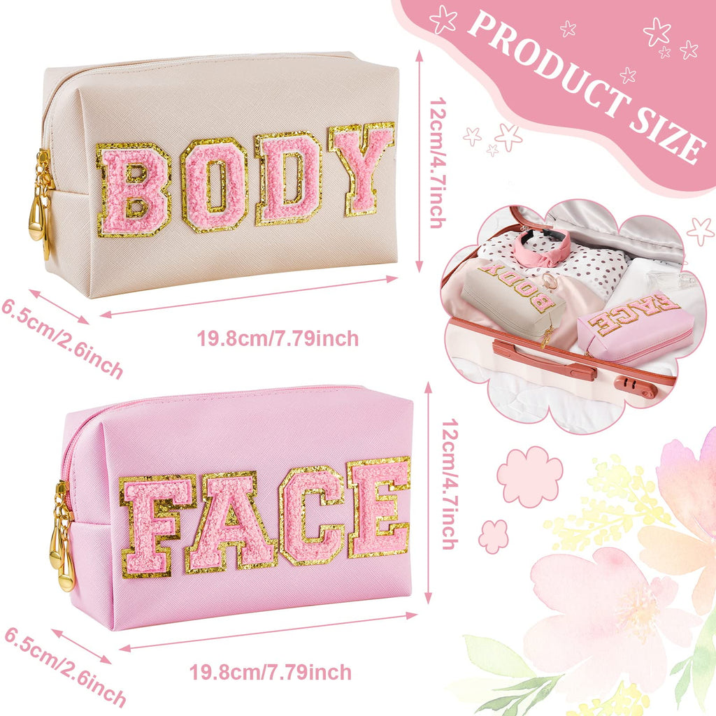 Patelai 2 Pcs Preppy Makeup Bags Chenille Letter Patch Bag Face Skin Hair Stuff Aesthetic Cosmetic Bag Travel Zipper Pouch Makeu