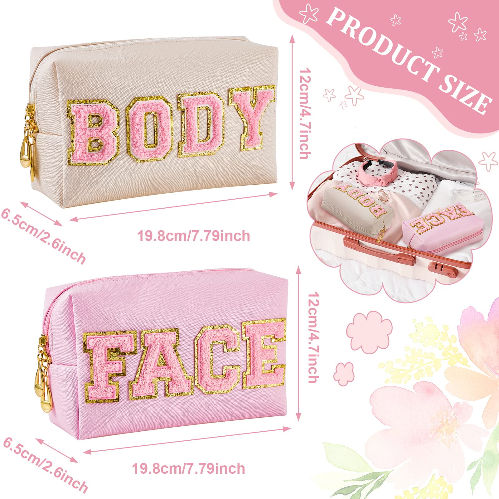 Patelai 2 Pcs Preppy Makeup Bags Chenille Letter Patch Bag Face Skin Hair Stuff Aesthetic Cosmetic Bag Travel Zipper Pouch Makeu