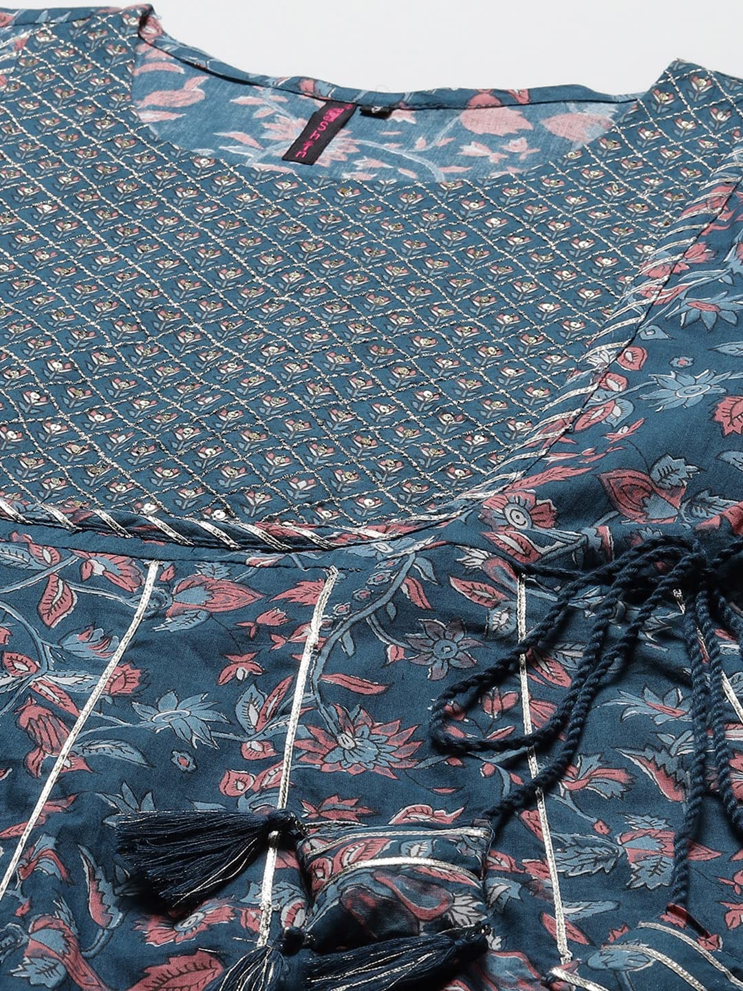 Ishin Women'S Cotton Blend Anarkali Embroidered Zari Floral Print Teal Kurta Suit Set With Trouser