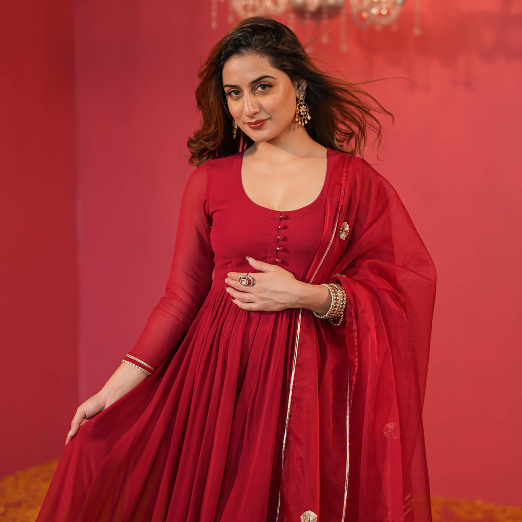 GoSriKi Women s Anarkali Rayon Blend Kurta with Pants and Dupatta