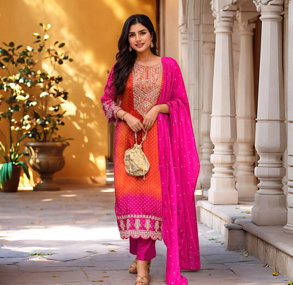 Anni Designer Women'S Rayon Viscose Straight Bandhani Embroidered Kurta With Pant & Dupatta