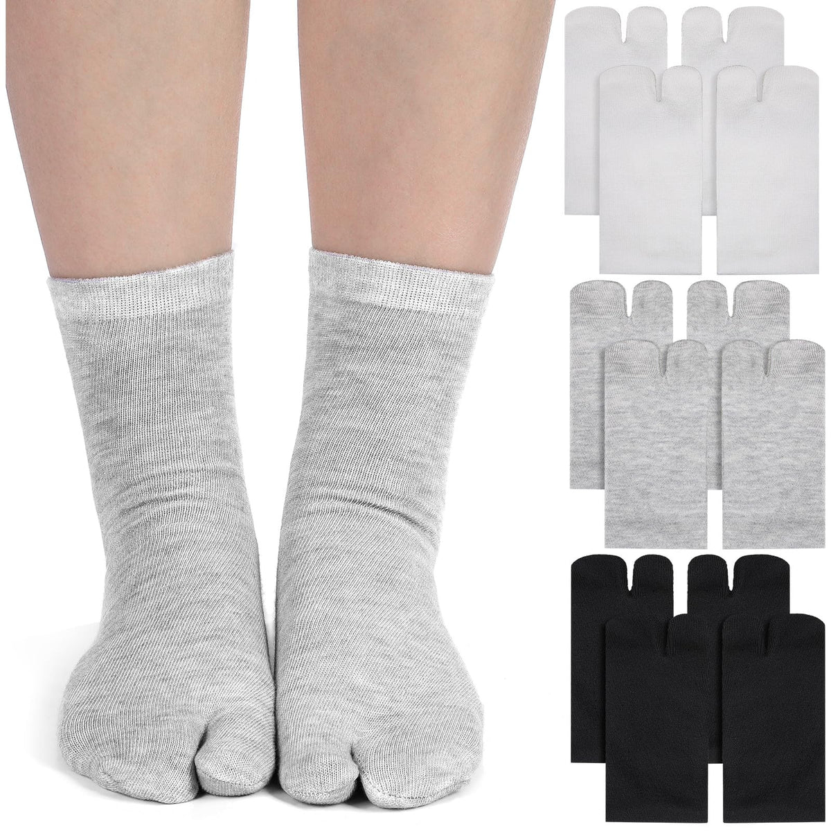 Geyoga 6 Pairs Flip Flop Socks Japanese Tabi Sock Unisex Split Toe Cotton Sock For Women Men, Black, White, Gray, 35 46-145
