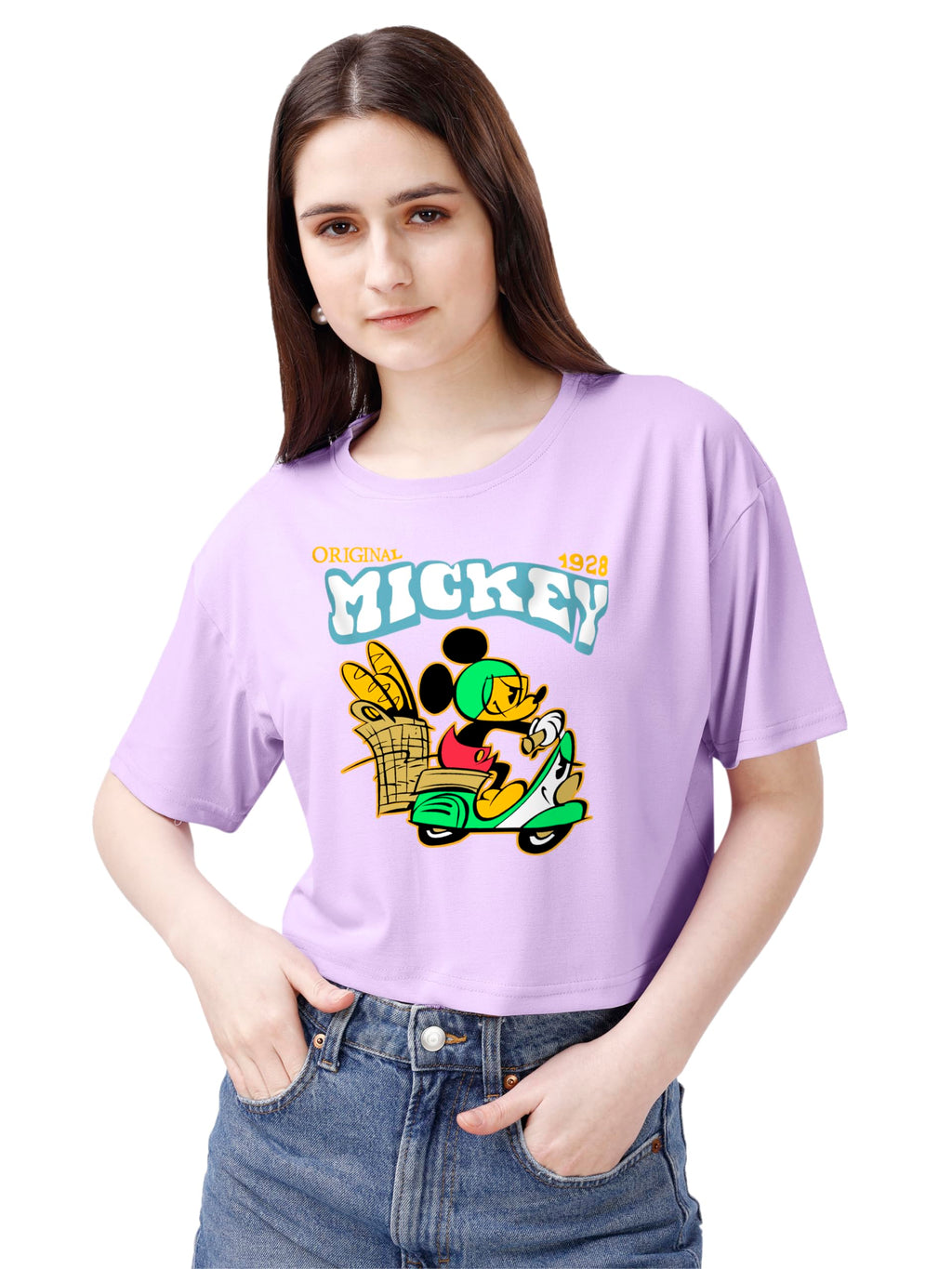 ELLITI Soft Rich Cotton Lavender/Purple Half Sleeve | Round Neck | Oversized/Loose Fit | Down Solder | Micky Crop Top for Women 