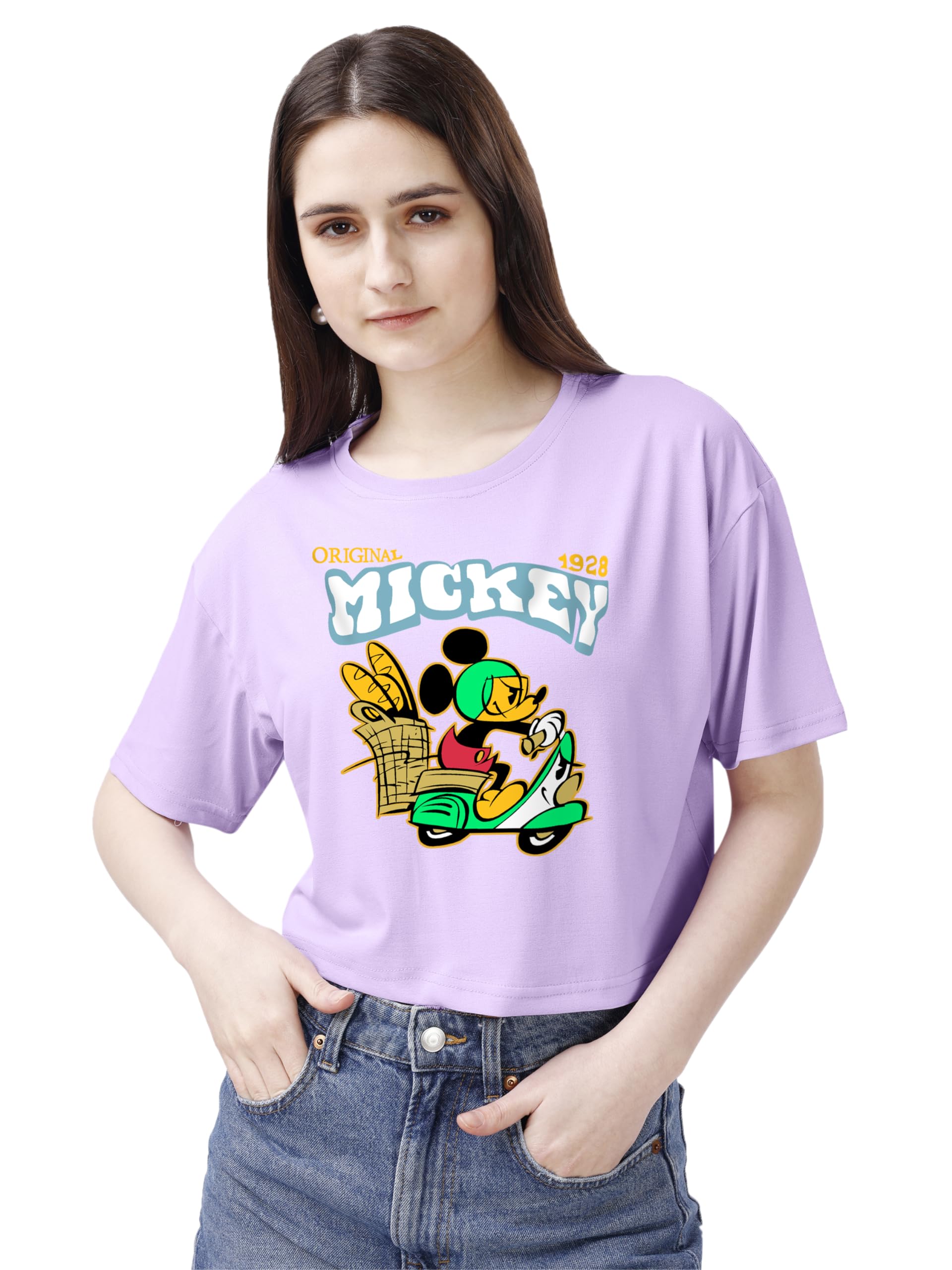 ELLITI Soft Rich Cotton Lavender/Purple Half Sleeve | Round Neck | Oversized/Loose Fit | Down Solder | Micky Crop Top for Women 