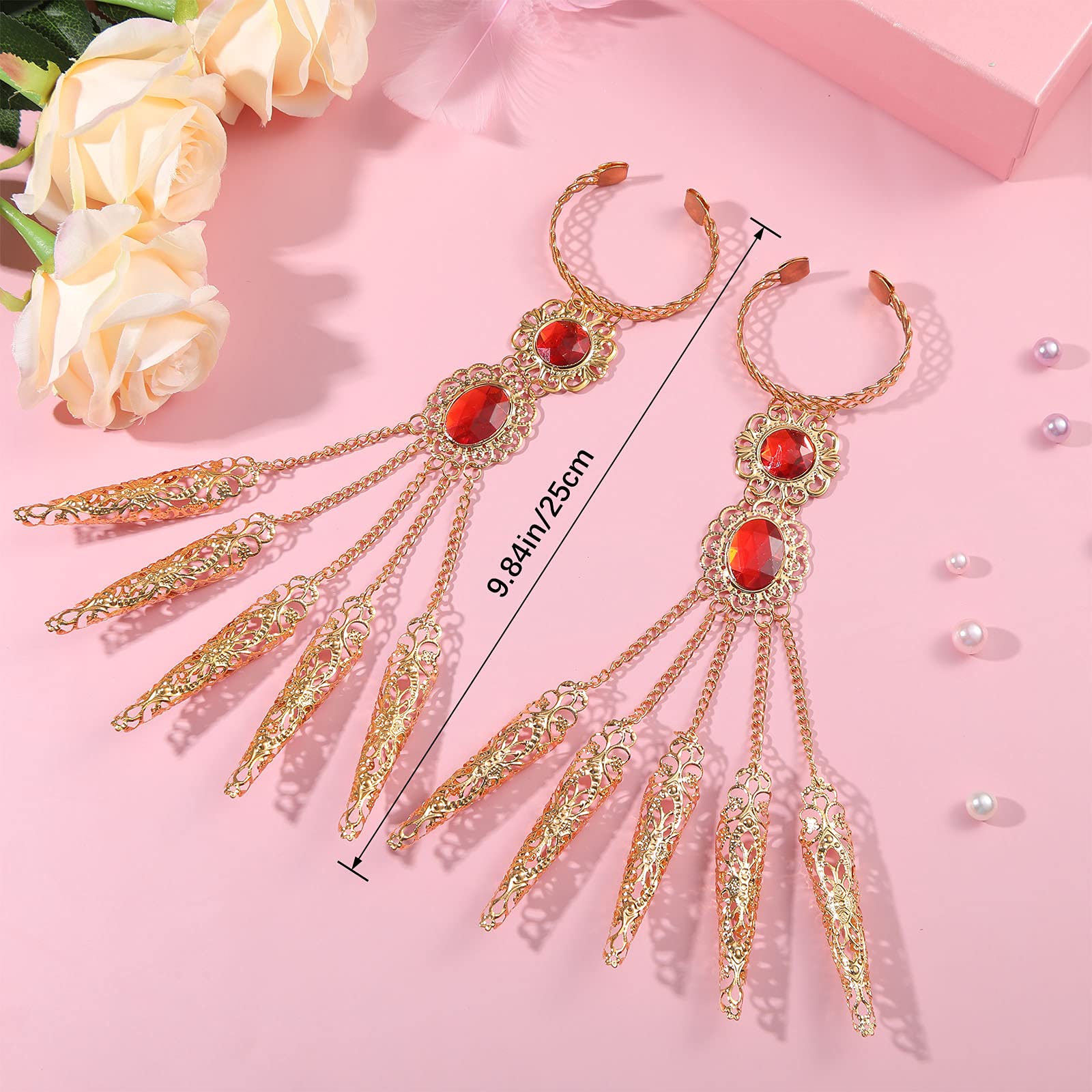 Maitys 2 Pcs Gold Bracelets Inlaid with Acrylic Women Belly Dance Gypsy Egyptian Bracelet with Finger Nails Halloween Costume (R