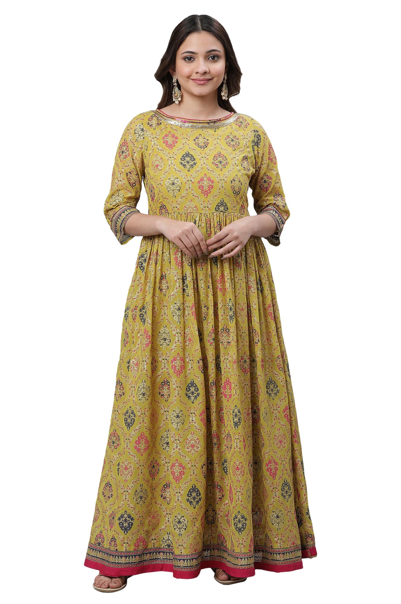 Aurelia Womens Green Foil Printed Embellished Kurta