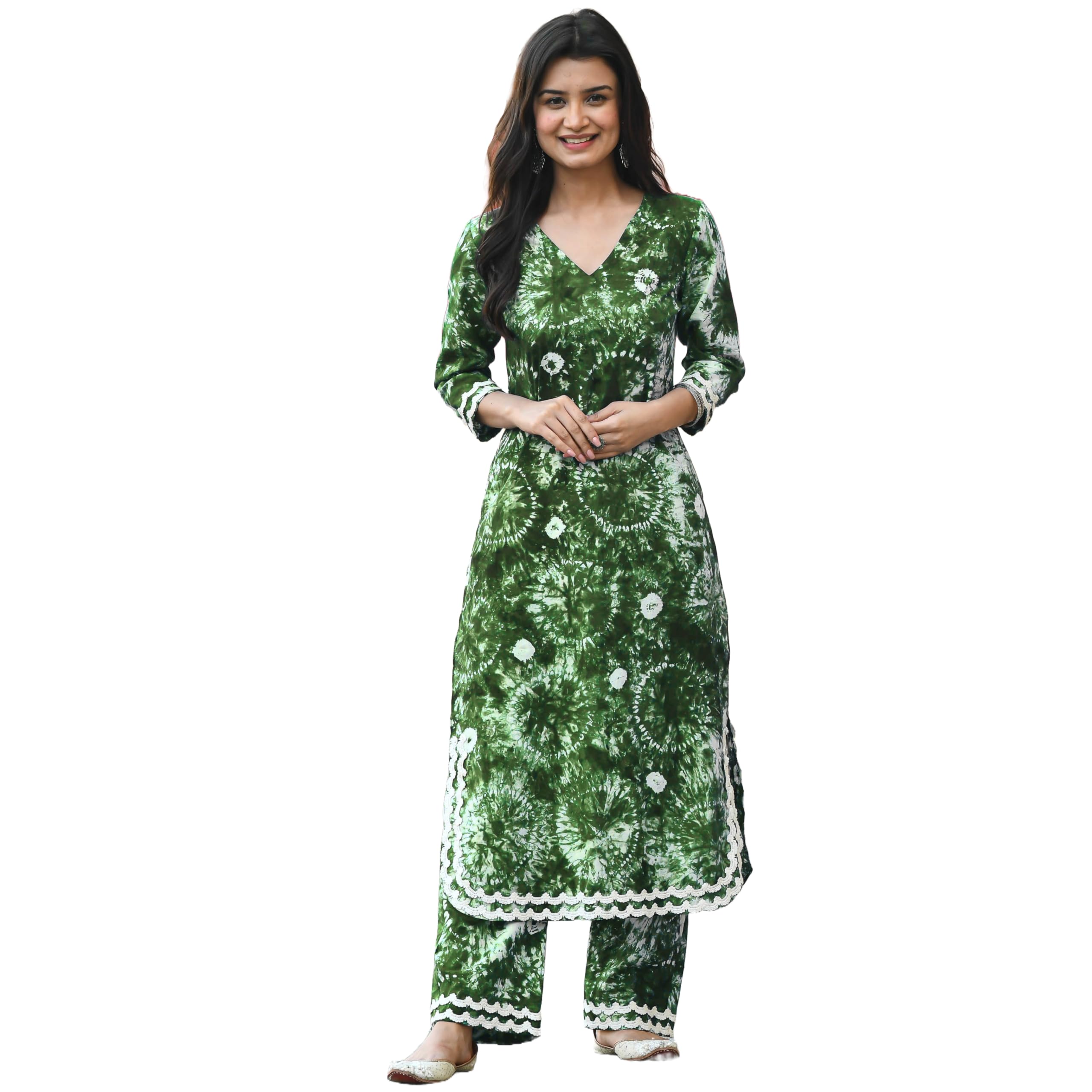 ANNI DESIGNER Women's Cotton Blend Printed Straight Kurta with Palazzo Set (Hand Block Green_S_Green_Small)