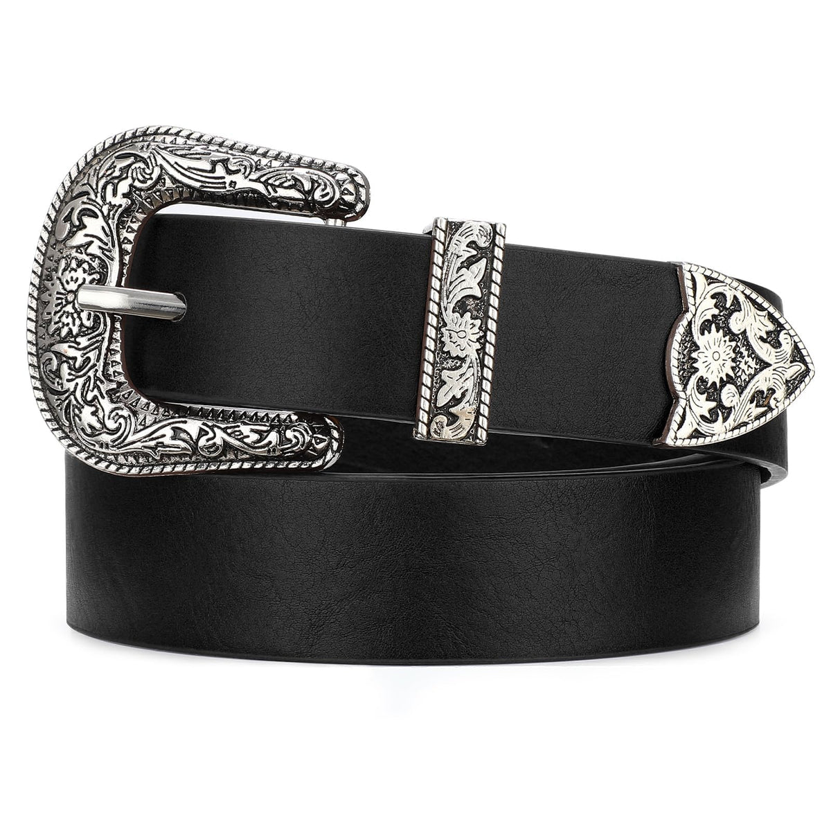 Wowogo Western Cowgirl Belts For Women Country Cowboy Vintage Leather Engraved Buckle Belt For Jeans Dresses, 01Black, Fit Wais 29-33