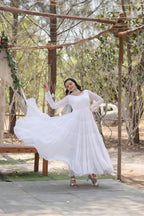Fashion Basket WomenS Georgette Solid Anarkali Dress White