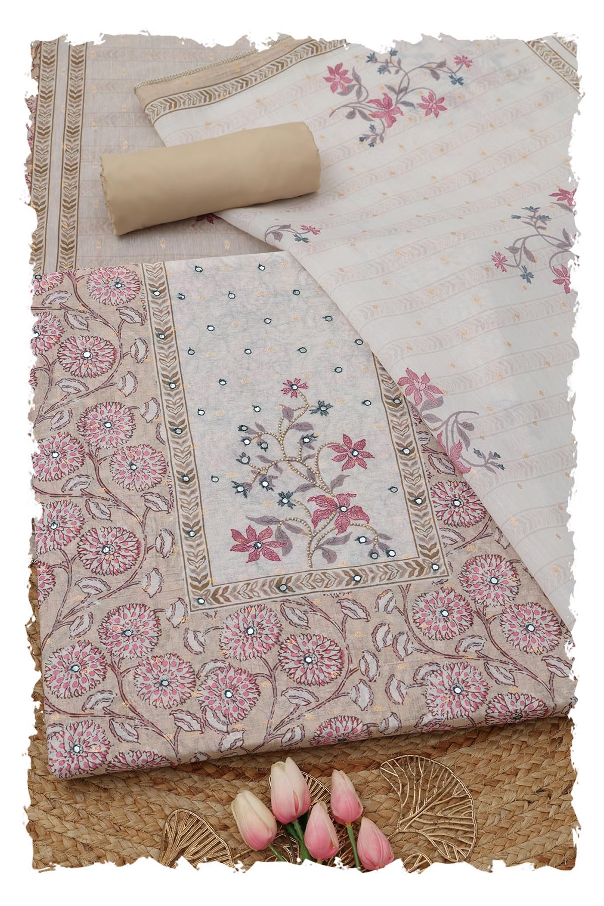 Soch Women Chanderi Floral Printed Hand Embroidered Dress Material with Faux Mirror