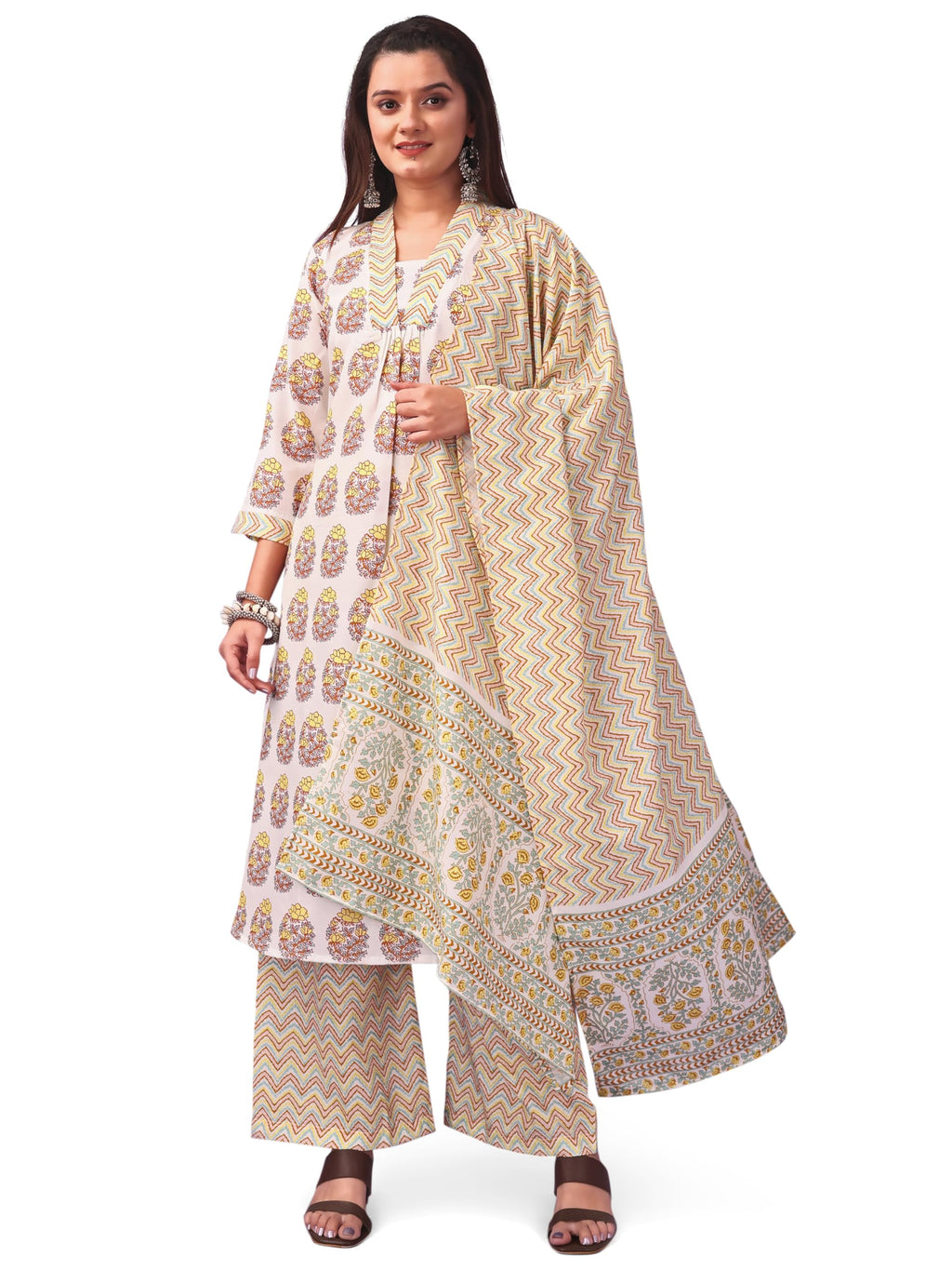 Gufrina Women'S Printed Cotton Kurta Pant Dupatta Set | V-Neck, 3/4 Sleeve Ethnic Wear, Casual & Festive Occasions (Cream L)