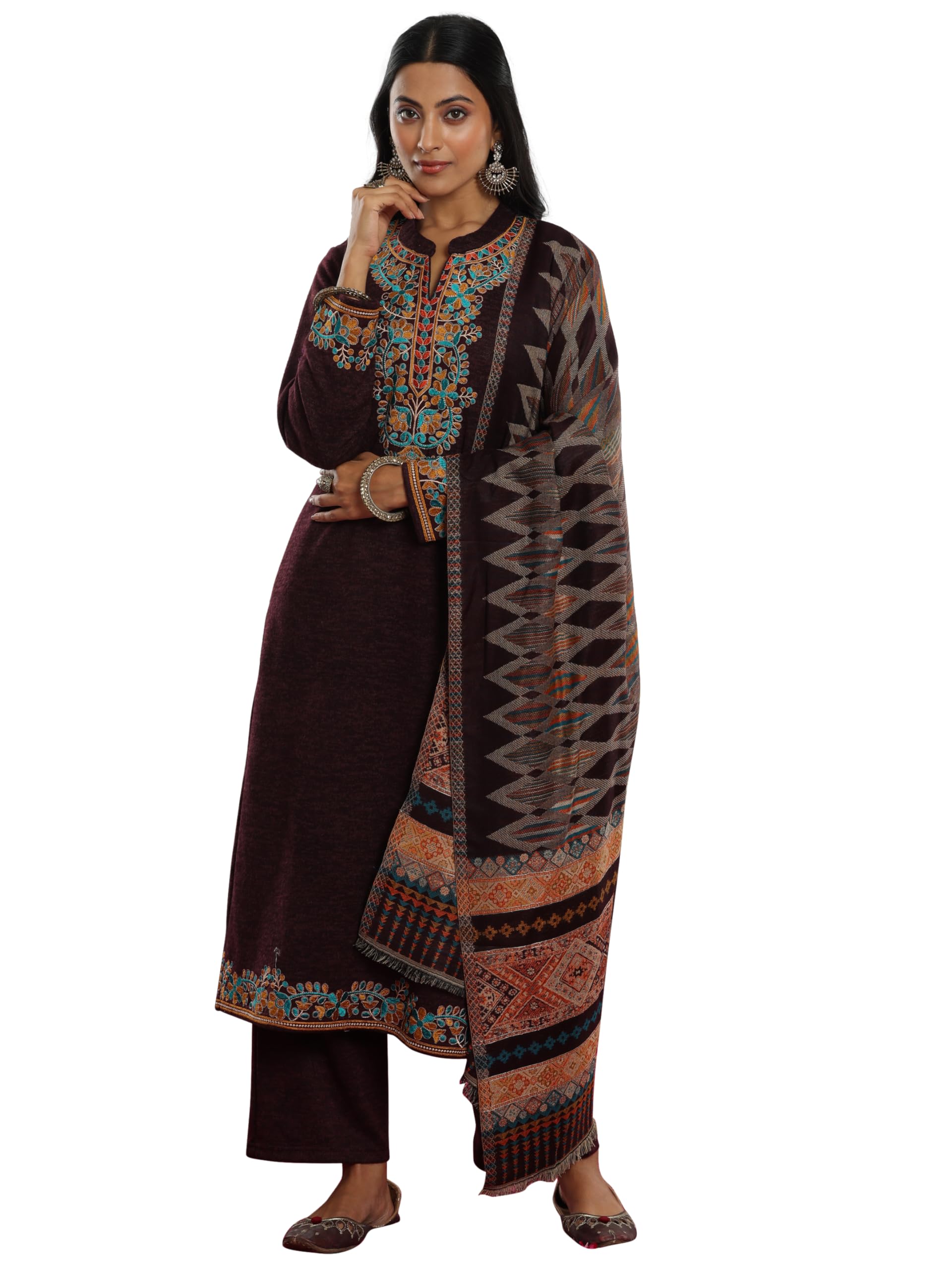 Libas Womens Embroidered Wool Straight Kurta With Trousers And Dupatta