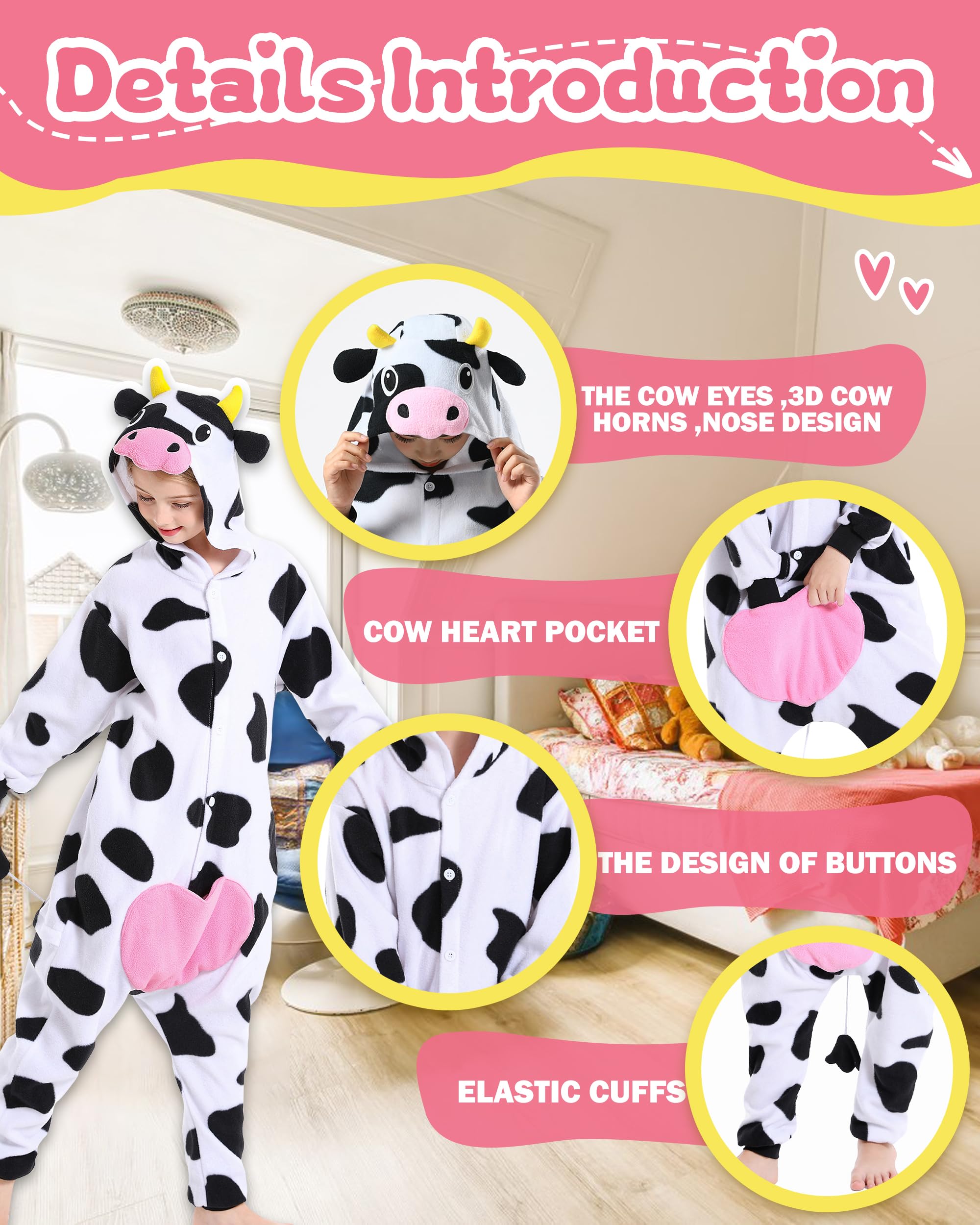 CANASOUR Kids Cow Onesie Farm Animal Halloween Cosplay Costume for 5T Girls Unisex Outfuit One Piece Hooded Soft Pajamas Party B
