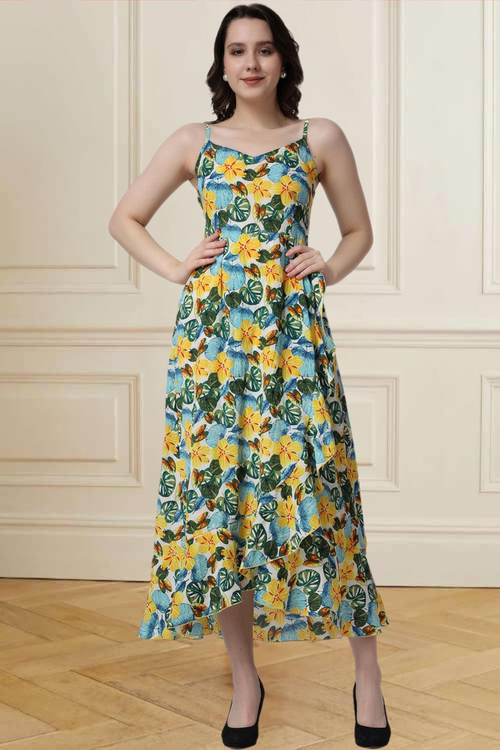 Popwings Casual Floral Printed Maxi Length Fit & Flare Dress For Women || Summer Dress For Women || Flare Maxi Dress For Women S