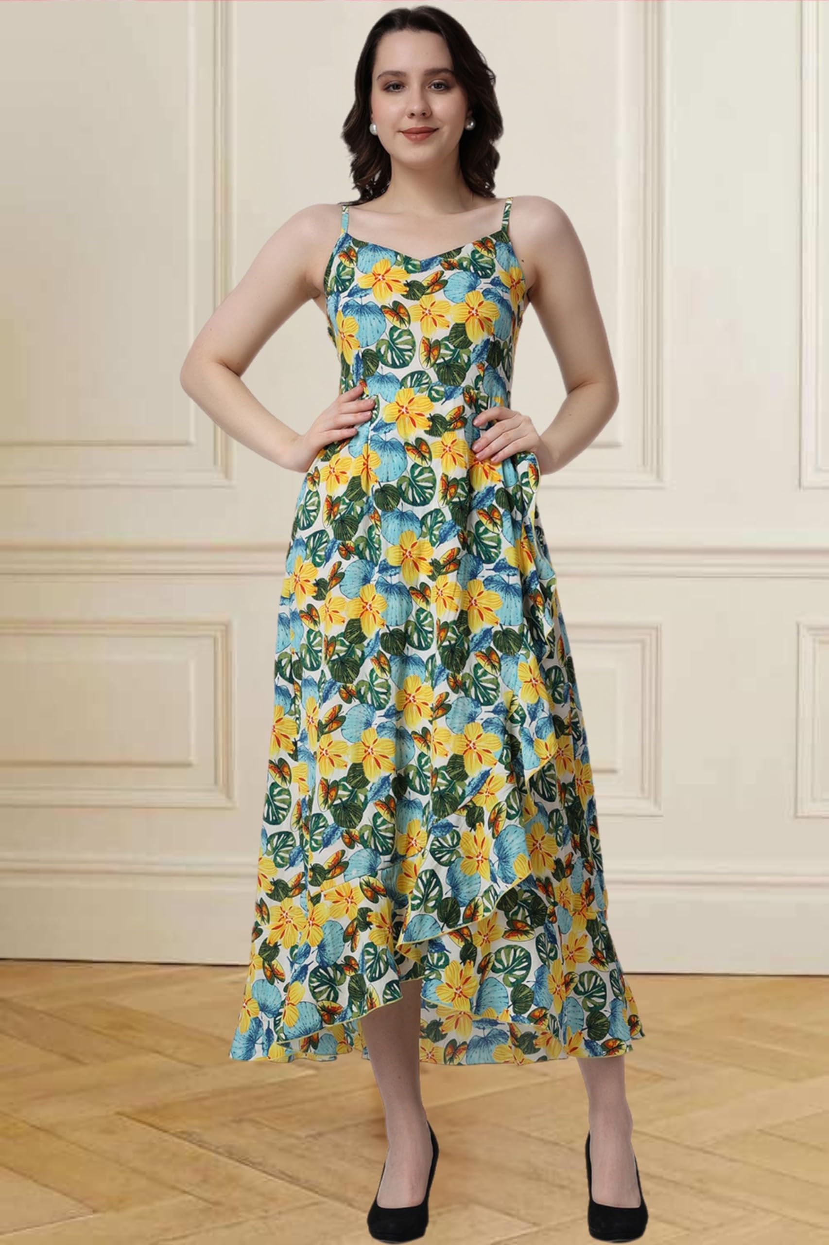 Popwings Casual Floral Printed Maxi Length Fit & Flare Dress For Women || Summer Dress For Women || Flare Maxi Dress For Women S