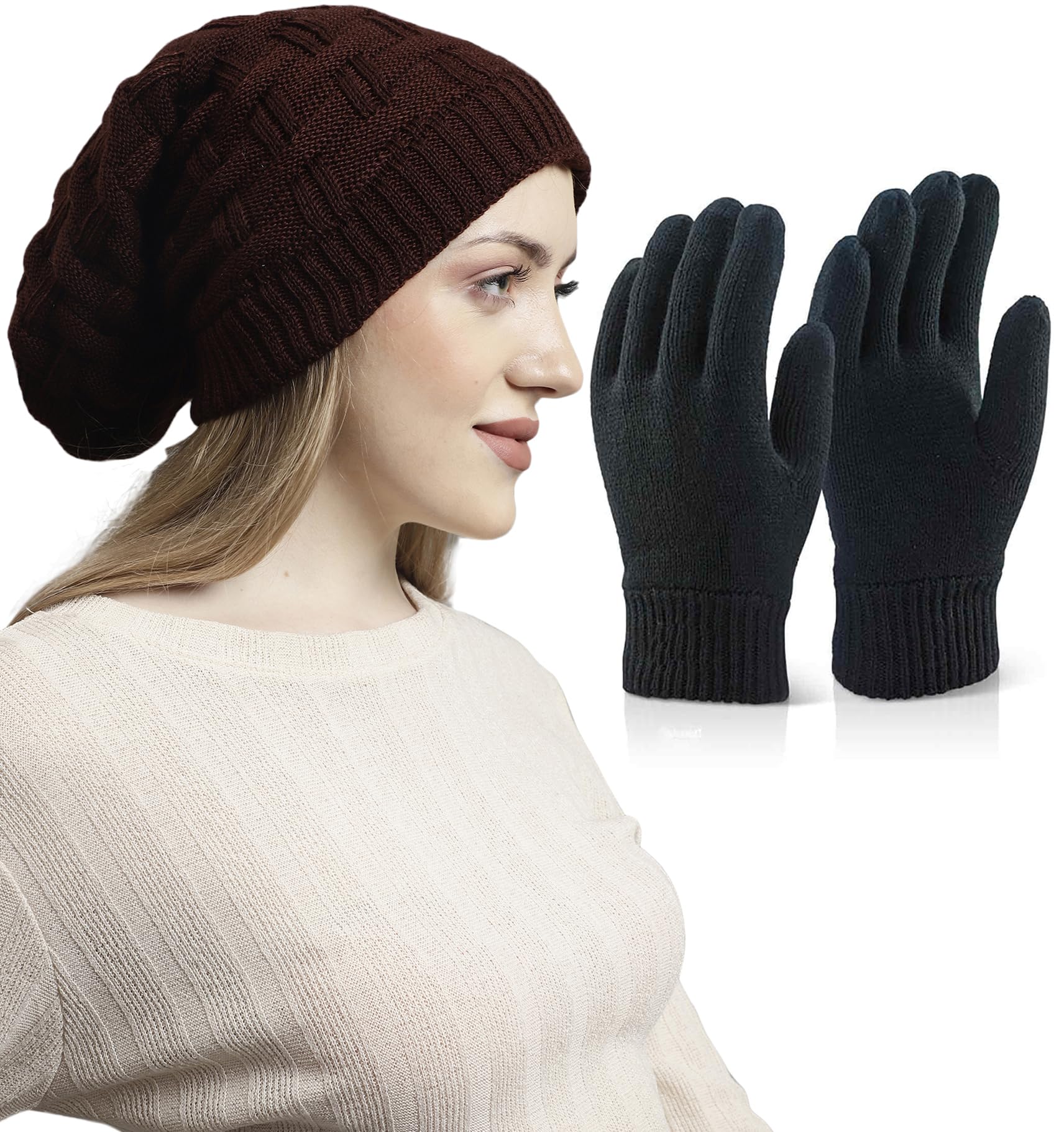 Weavers Villa Set of Snow Proof Inside Fur Acro Wool Unisex Beanie Cap Knit Hat Thick Fleece Lined Winter Cap and Gloves for Men