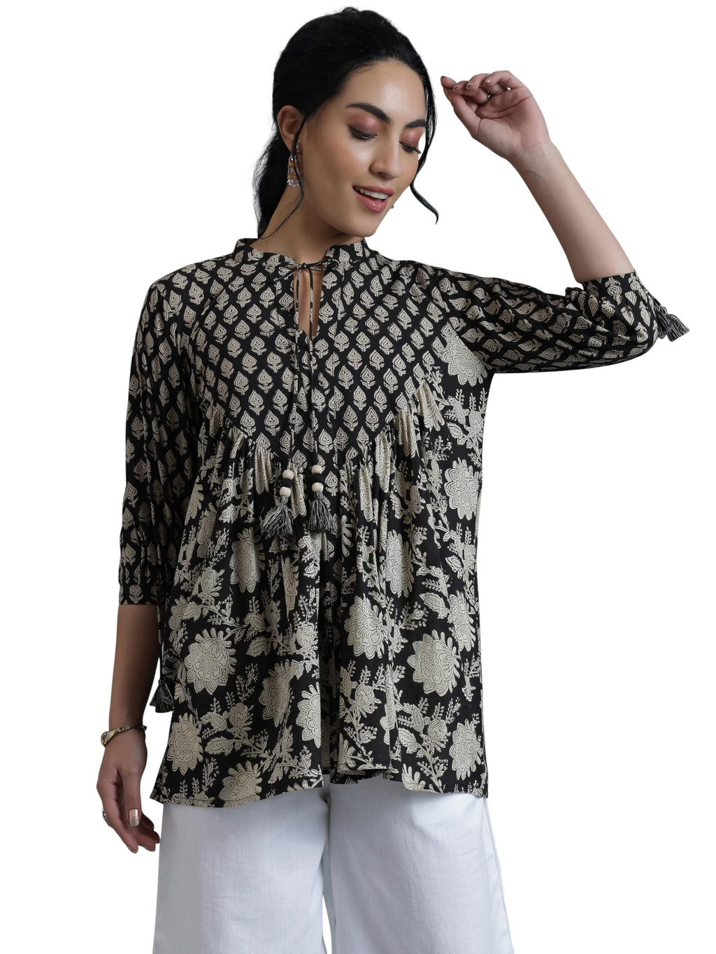 Libas WomenS Cotton Printed A-Line Kurti (29067R_Black