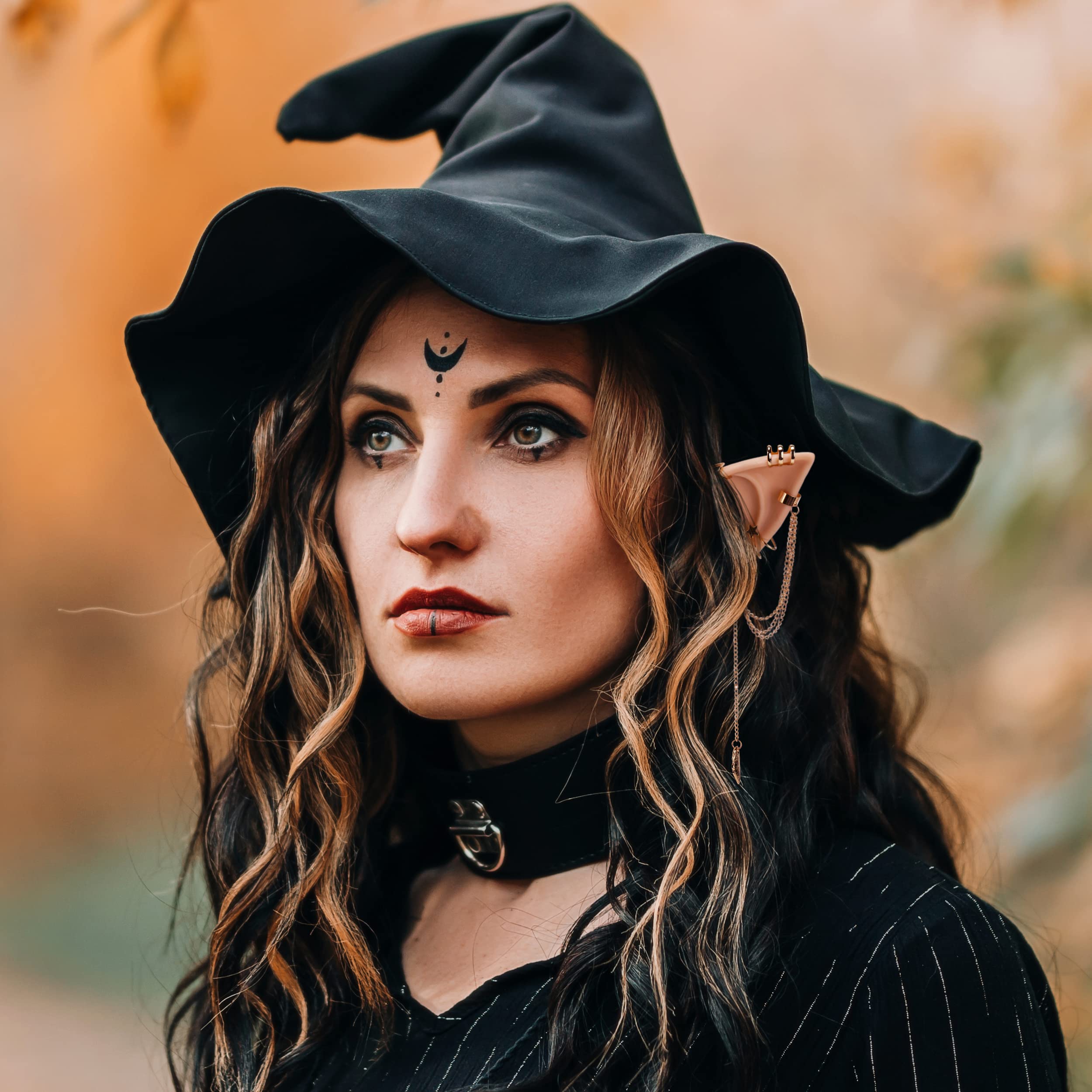 FRESHME Elf Ears with Piercings Earring Cuffs Set, Soft Fairy Elf Ears with Non-Piercing Gold Earrings Tassel Chain Cartilage Cl