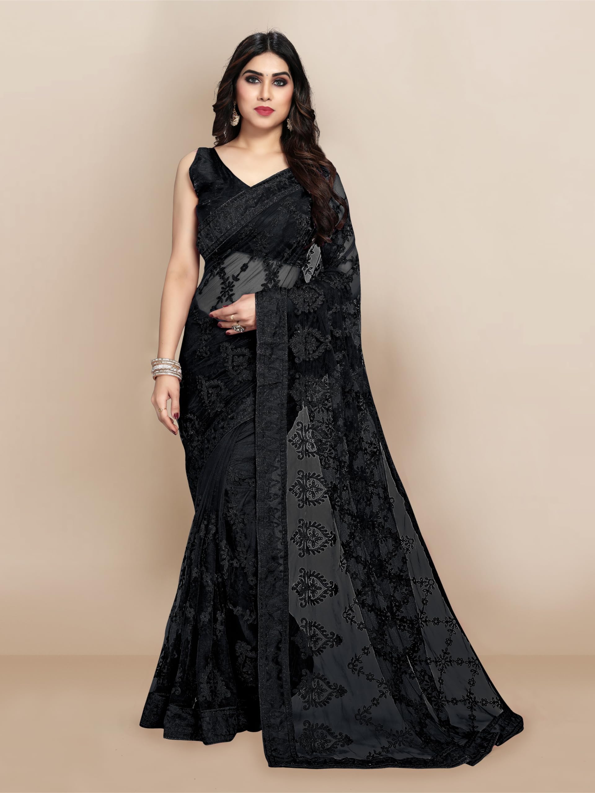Ekasya WomenS Net Embroidered Floral Embroidered Saree And Unstitched Blouse Piece | Sari For Wedding | Festive Sarees For Wome