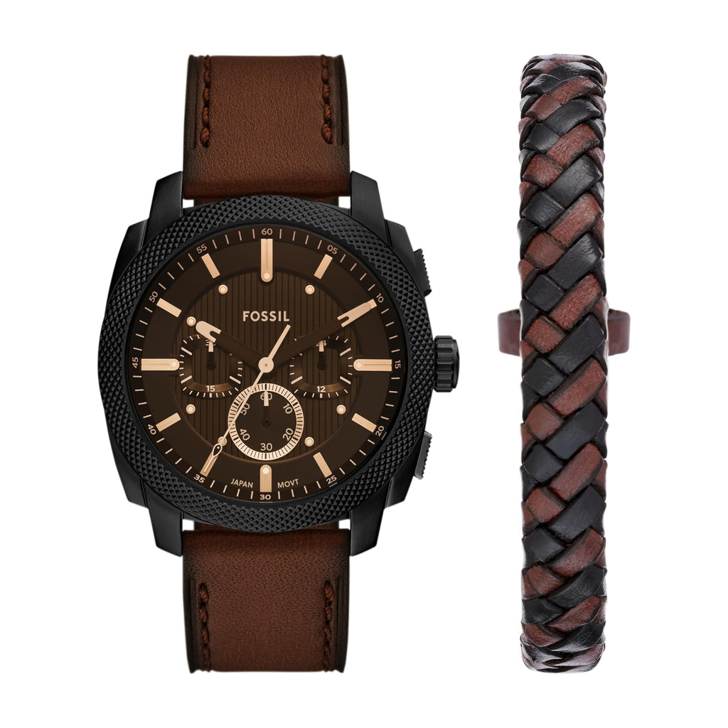 Fossil Men's Machine Chronograph Brown Leather Watch and Bracelet Set