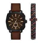 Fossil Men's Machine Chronograph Brown Leather Watch and Bracelet Set