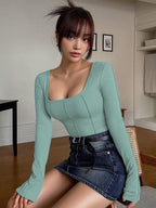 Sugathari Womens Teal Green Solid Long Sleeve Wrap-Style Square Split Crew Neck Bodycon Women T-Shirt Spring And Summer, Minima