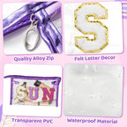 Y1tvei SUN STUFF Makeup Bag - 2Pcs Preppy Patch Chenille Varsity Letter Transparent PVC Extra Large Clear Cosmetic Pouch Portabl